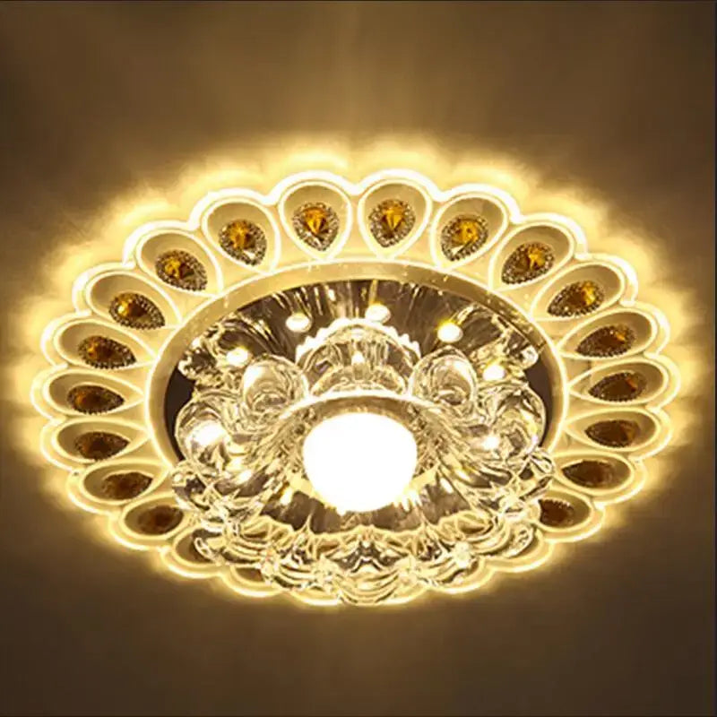 Elegant gold crystal glass led ceiling light featuring a radiant central bulb and ornate petal-shaped decorbites crystal glass accents