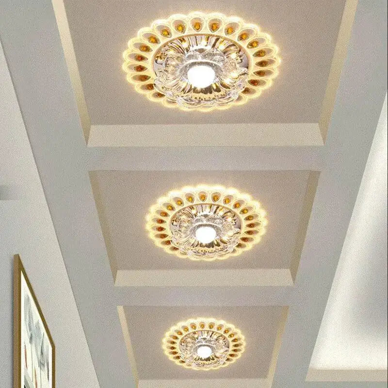 Three elegant gold crystal glass led ceiling lights with warm glowing illumination for living room decorbites ceiling light
