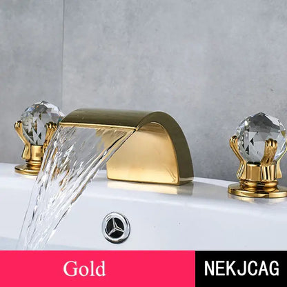 Elegant gold crystal handle waterfall basin faucet set with crystal knob handles for bathroom use