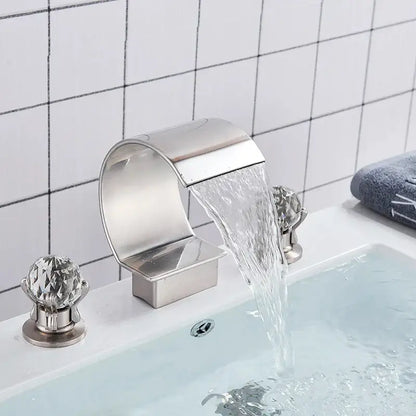 Stainless steel waterfall basin faucet set with elegant gold crystal knob handles for bathroom use