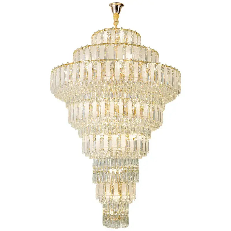 Elegant gold crystal hollow chandelier featuring cascading clear glass prisms for a sophisticated living room setting