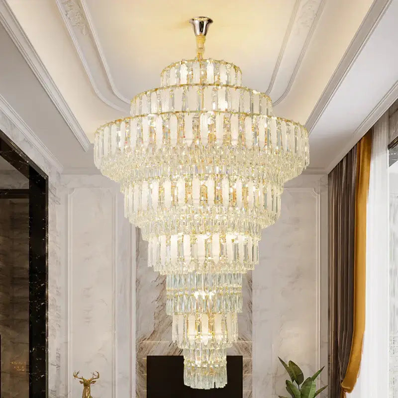 Elegant gold crystal hollow chandelier with multi-tiered glass prisms for living room ceiling décor