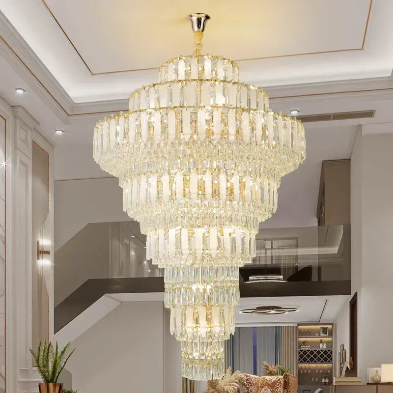 Elegant gold crystal hollow chandelier with cascading clear glass prisms for living room lighting