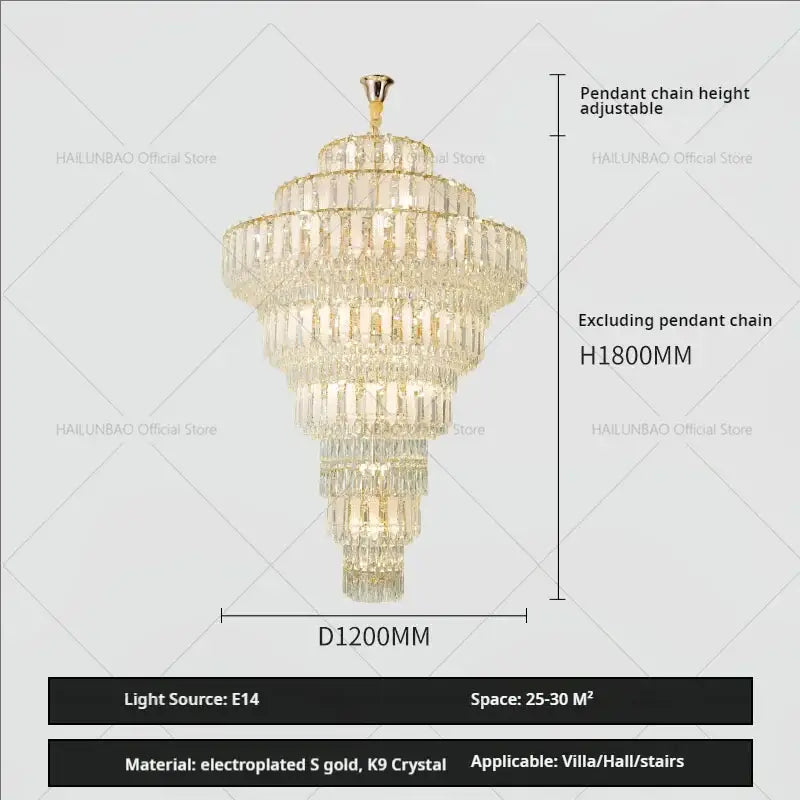 Elegant gold crystal hollow chandelier with cascading K9 crystal prisms and electroplated gold finish for living room