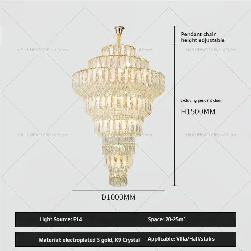 Elegant gold crystal hollow chandelier with multiple tiers of clear k9 crystal for living room lighting