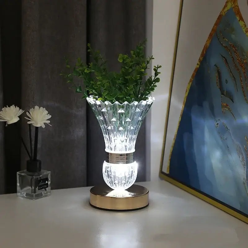 Elegant gold crystal led vase table lamp with faceted clear glass and metallic band for decorbites crystal led decor