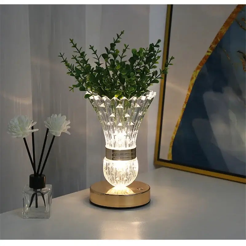 Crystal led vase table lamp with faceted glass and gold-toned base casting warm glow for bedroom decorbites crystal led