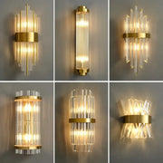 Elegant gold crystal led wall lamps with clear crystal rods arranged in vertical and radial patterns for bedroom decorbites decor