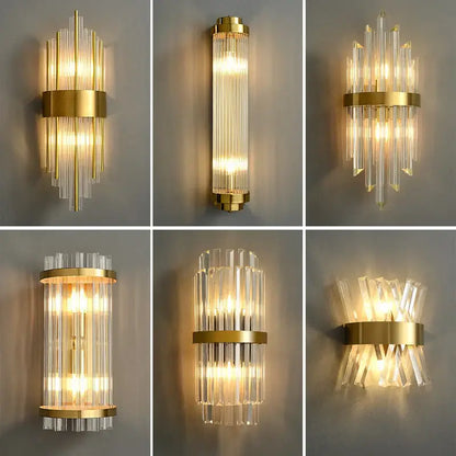 Elegant gold crystal led wall lamps with clear crystal rods arranged in vertical and radial patterns for bedroom decorbites decor