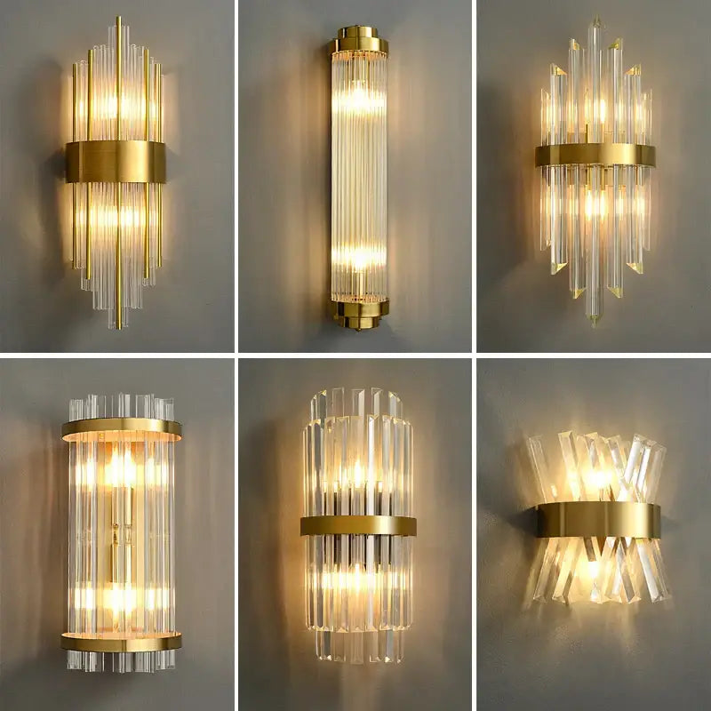 Elegant gold crystal led wall lamps with clear crystal rods arranged in vertical and radial patterns for bedroom decorbites decor