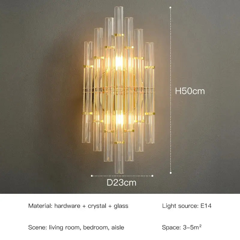 Elegant gold crystal led wall lamp with clear glass tubes and gold hardware for bedroom decorbites crystal led wall lamps
