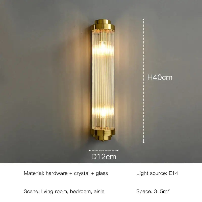 Elegant gold led wall sconce with brass finish and crystal glass rods emitting warm light for bedroom decorbites crystal led wall lamps