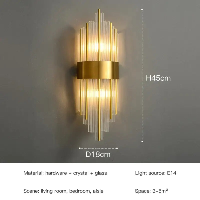 Elegant gold crystal led wall lamp with vertical glass rods and brass band for bedroom decorbites crystal led wall lamps