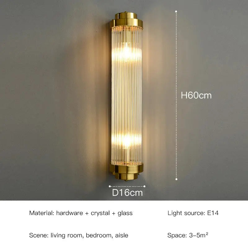 Elegant gold led wall sconce with vertical crystal and glass rods for bedroom decorbites crystal led wall lamps