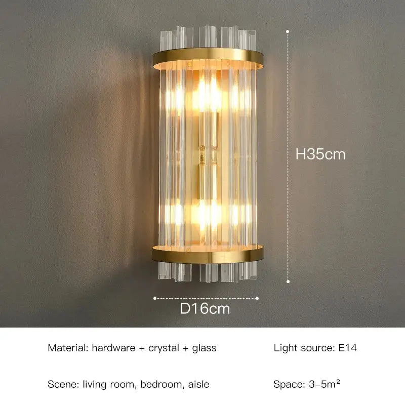 Elegant gold-toned led wall lamp with vertical crystal rods and glass accents for bedroom decorbites crystal led wall lamps