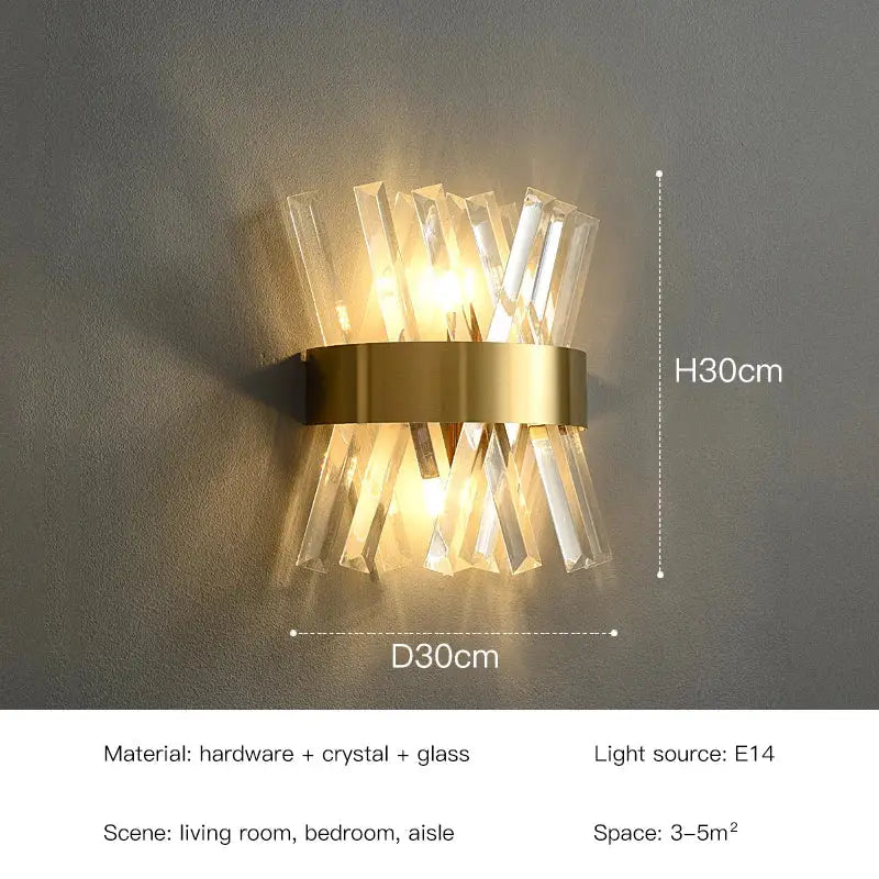 Elegant gold crystal led wall lamp featuring clear glass rods in a radial pattern for bedroom sconce decorbites decor