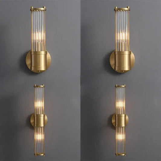 Elegant gold crystal led wall lights with vertical glass rods and cylindrical base suitable for living room decorbites crystal led sconce