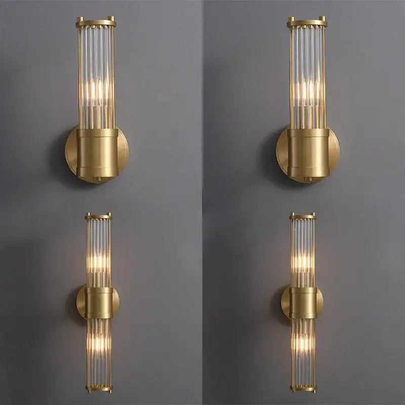 Elegant gold crystal led wall lights with vertical glass rods and cylindrical base suitable for living room decorbites crystal led sconce