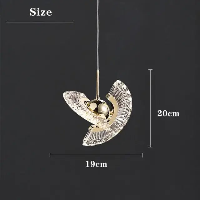 Elegant gold pendant light chandelier with a 20cm gold sphere and faceted translucent crystal wings for living room