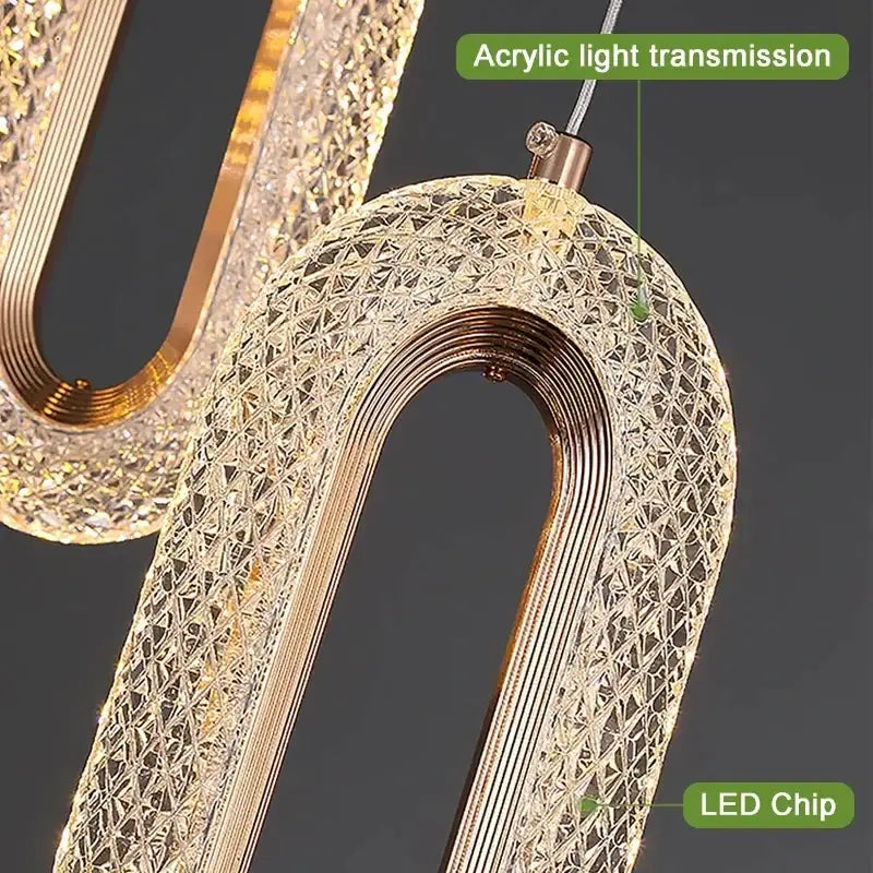Elegant gold pendant light chandelier with u-shaped crystal mesh design and led lighting for living room use