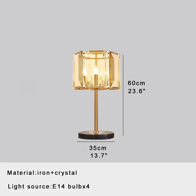 Elegant gold crystal table decor lamp with sleek iron base and black marble pedestal for bedroom desk lighting
