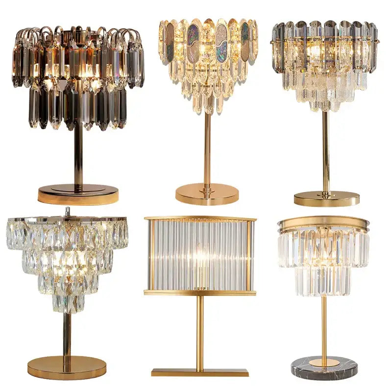 Six elegant gold crystal table decor lamps with varying designs featuring cascading glass prisms and rectangular panels