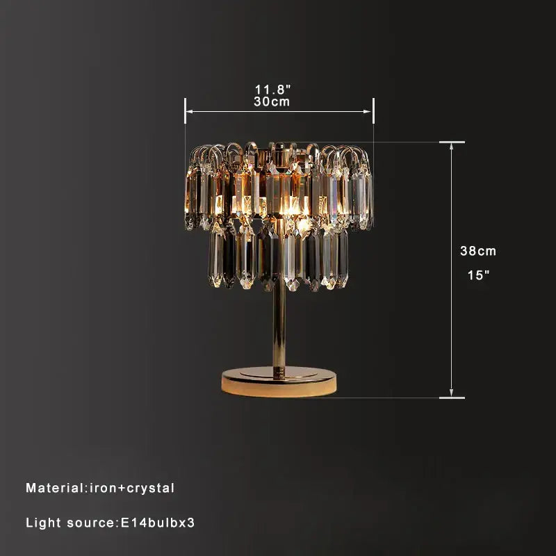 Elegant gold-toned decorbites crystal table lamp with cascading clear and amber glass prisms for bedroom desk light