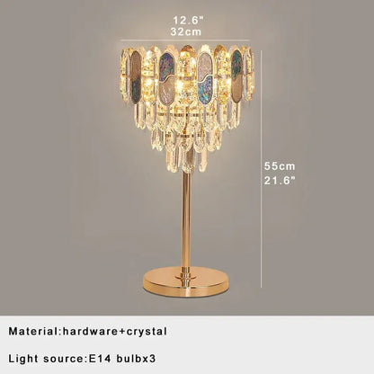 Elegant gold crystal table decor lamp with cascading clear and iridescent panels perfect for bedroom desk lighting