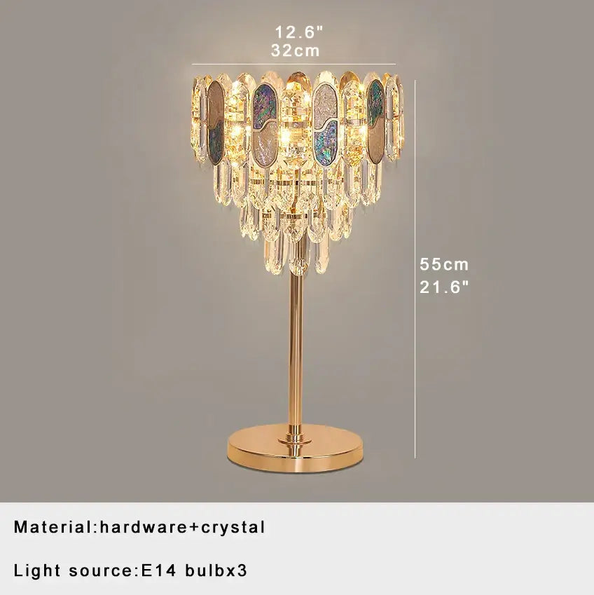 Elegant gold crystal table decor lamp with cascading clear and iridescent panels perfect for bedroom desk lighting
