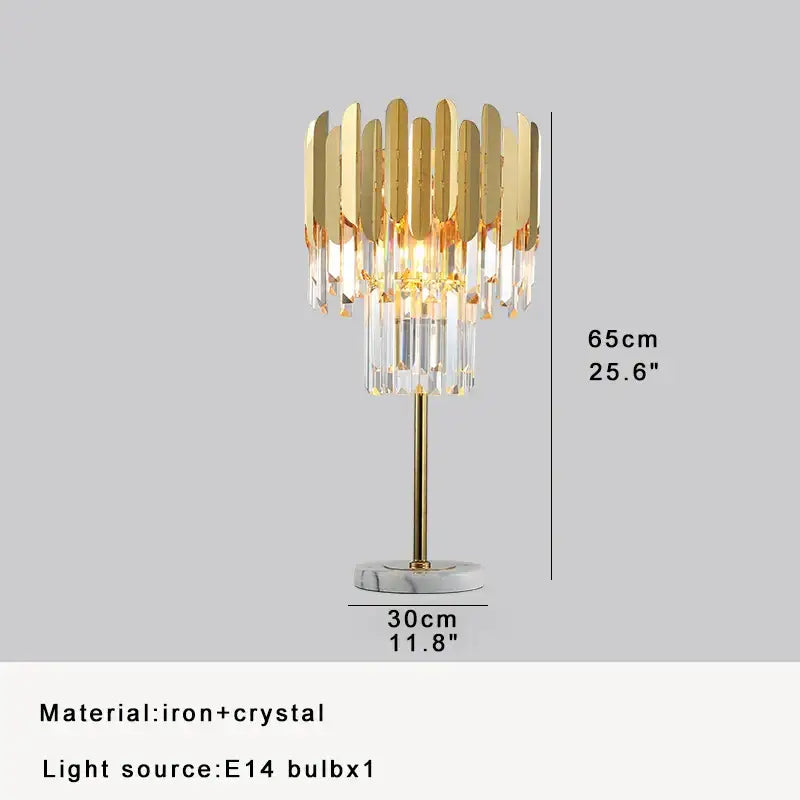 Elegant gold crystal table decor lamp with tiered metal slats and marble base perfect for bedroom desk lighting