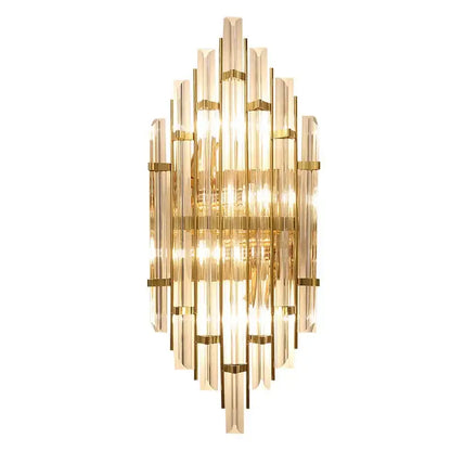 Elegant gold crystal wall lamp featuring translucent glass rods in a cascading symmetrical pattern for living room use