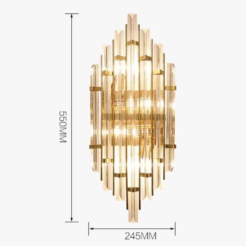 Elegant gold crystal wall lamp with cascading clear glass rods and metallic accents for living room wall lamp