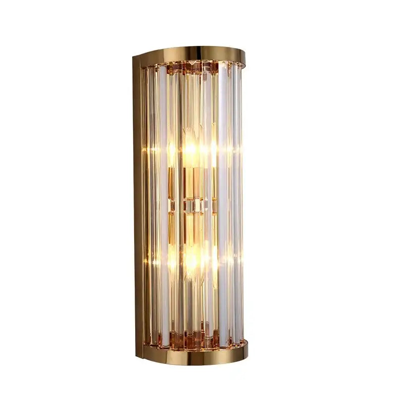 Elegant gold crystal wall lamp with vertical crystal rods and warm glowing light for stylish living room decorbites crystal wall lamp