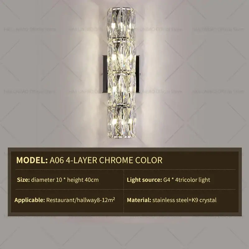Elegant gold crystal wall lamp with chrome finish and stacked k9 crystal segments for refined living room decorbites crystal wall lighting
