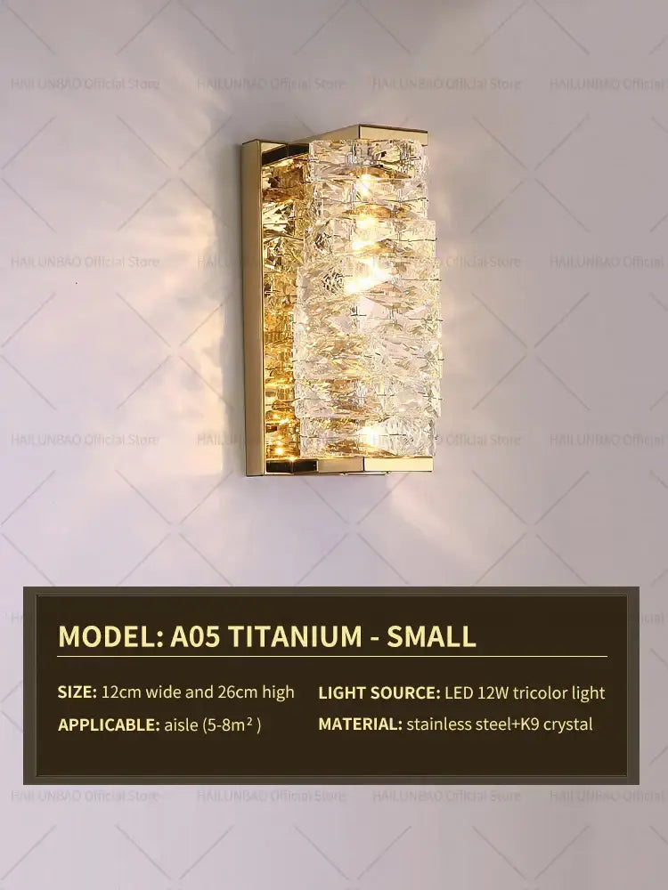 Elegant gold crystal wall lamp featuring stacked k9 crystal panels and a stainless steel frame for living room decorbites crystal wall lamp