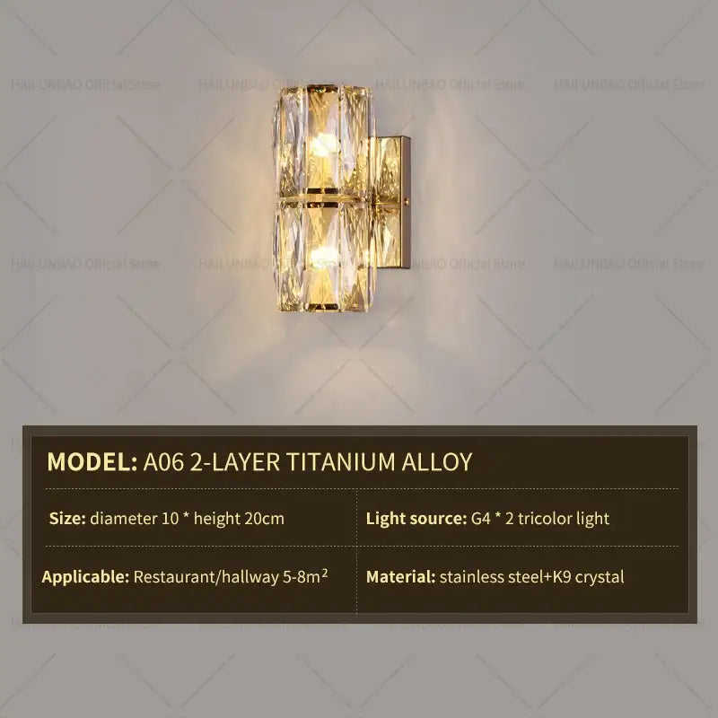 Elegant gold crystal wall lamp featuring two stacked k9 crystal prisms in a titanium alloy frame for living room decorbites crystal wall lamp