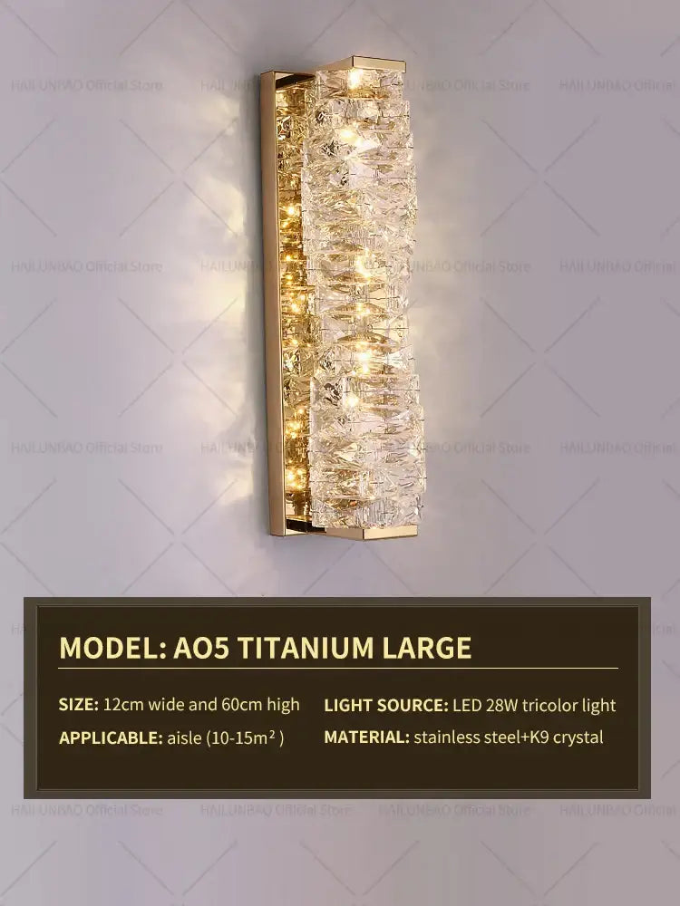 Elegant gold crystal wall lamp featuring vertical k9 crystal array in stainless steel framing for living room decorbites wall lamp