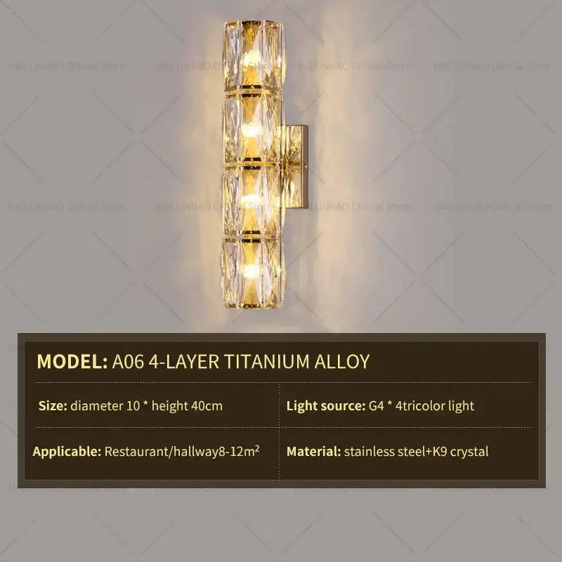 Elegant gold crystal wall lamp with stacked k9 crystal segments and brushed titanium alloy frame for living room decorbites crystal wall lamp