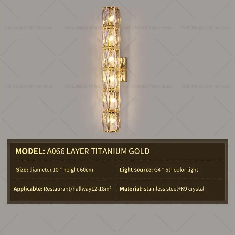 Elegant gold crystal wall lamp with stacked k9 crystal segments and brushed titanium gold finish for living room decorbites crystal wall lamp