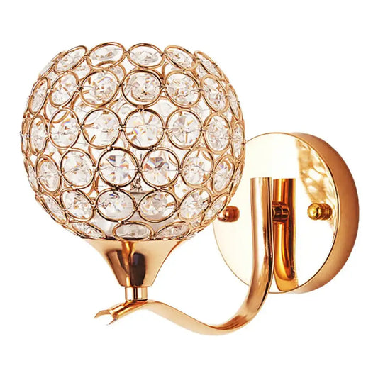Elegant gold crystal wall sconce featuring a spherical decorbites crystal wall design with clear faceted crystals
