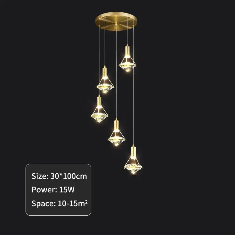 Elegant gold diamond crystal pendant light with five illuminated crystal shades for dining room use
