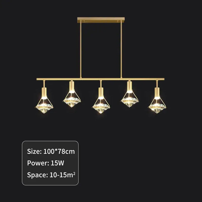 Gold-toned modern pendant light with five diamond crystal pendants for elegant dining room illumination
