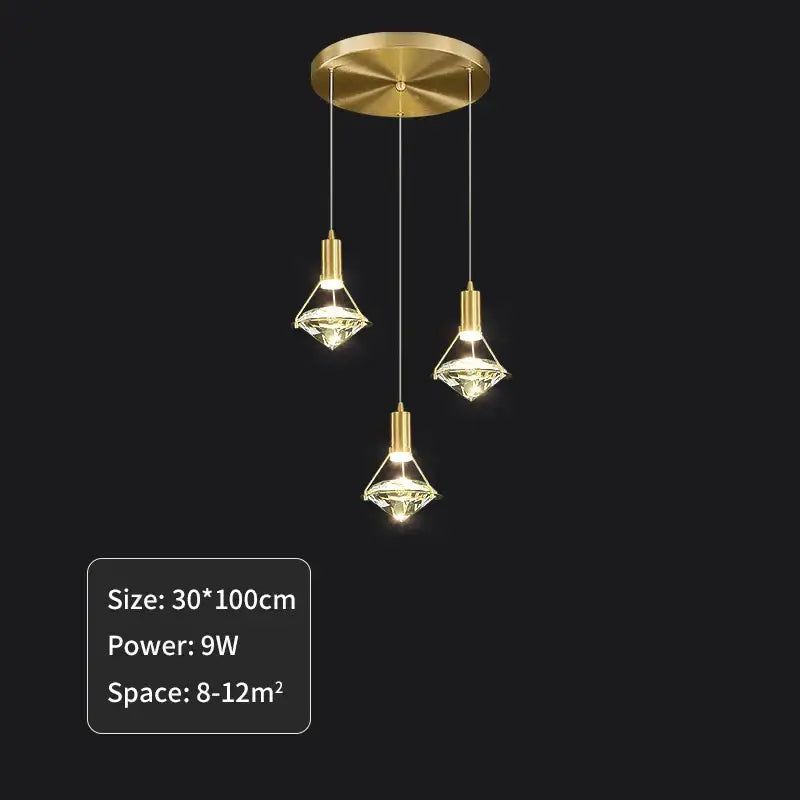 Elegant gold diamond crystal pendant light featuring three glass shades suspended from a circular ceiling mount