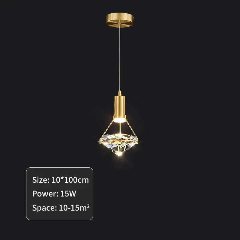 Elegant gold pendant light featuring a diamond crystal centerpiece and sleek metallic frame for dining room use