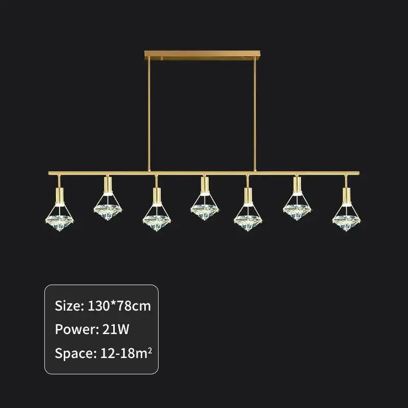 Elegant gold pendant light featuring six diamond crystal pendant lights on a modern horizontal bar for dining room