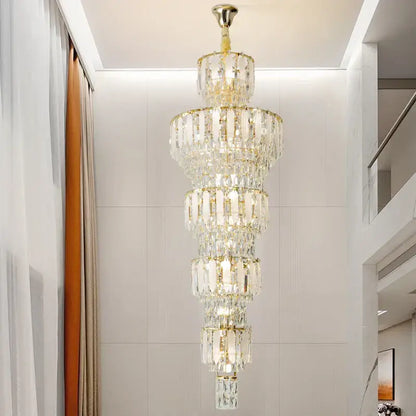 Elegant gold duplex villa crystal light chandelier with multi-tiered cascading prisms for spiral staircase lighting