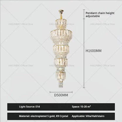 Multi-tiered duplex villa crystal chandelier with cascading crystals and electroplated gold finish for elegant villa lighting