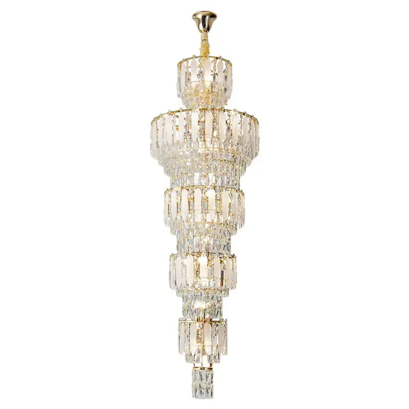 Elegant gold duplex villa crystal light chandelier with multi-tiered metal frame and cascading glass prisms for staircase