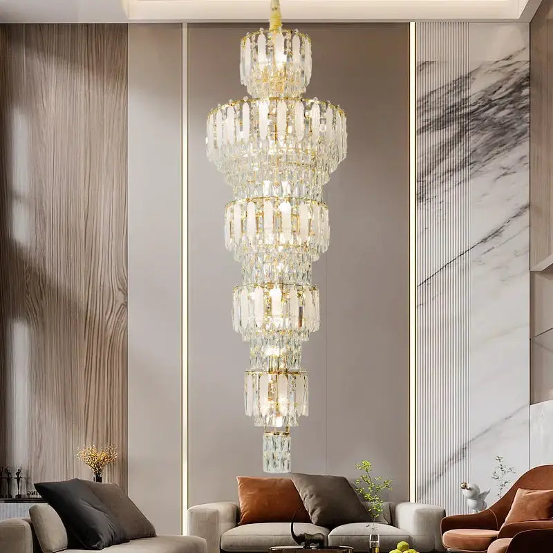 Elegant gold duplex villa crystal light chandelier with multi-tiered design for spiral staircase lighting