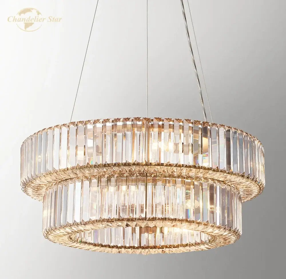 Elegant gold elliana crystal chandelier features a two-tiered crystal chandelier pendant with faceted glass rods